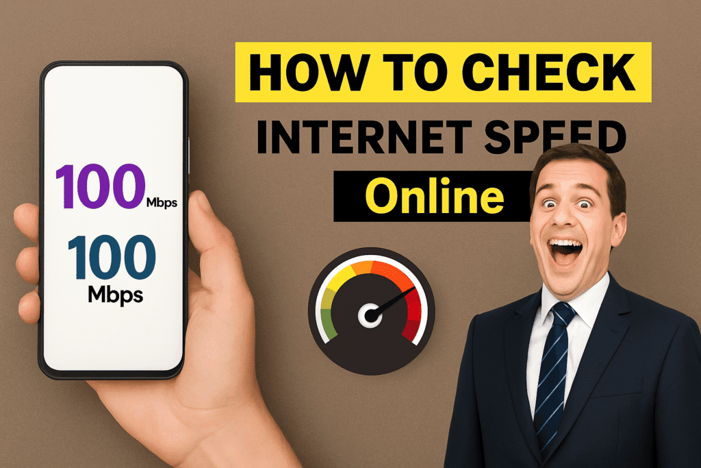 Person checking internet speed on smartphone with 100 Mbps speed meter